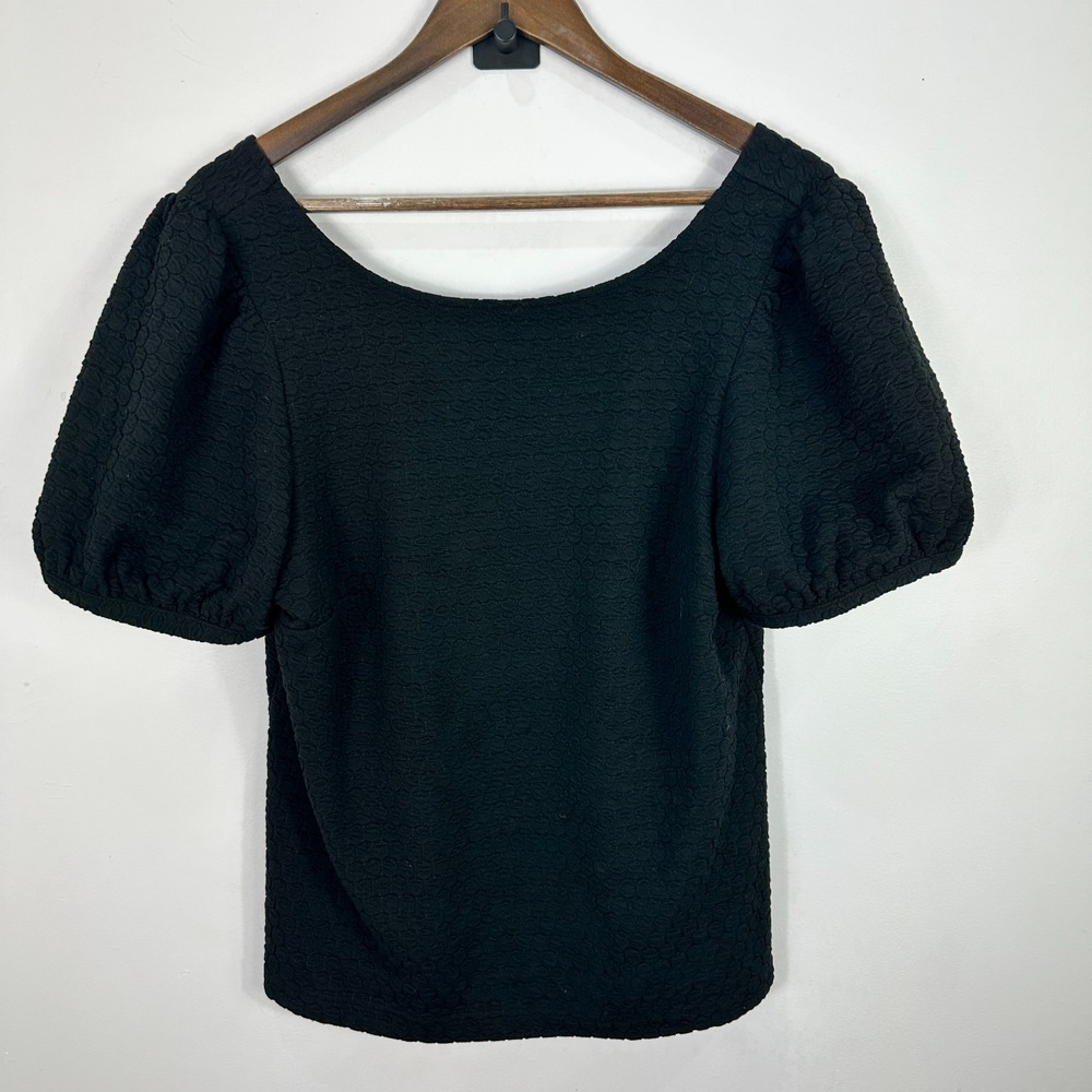 Porridge Anthropologie Top L‎ Black Textured Puff Sleeve Minimalist Cottagecore